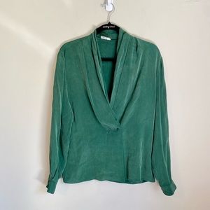 *VINTAGE* 80s Neiman Marcus Green Silk Button-Front Blouse Size 8